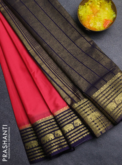 Semi mysore silk saree peach pink and navy blue with plain body and zari woven border