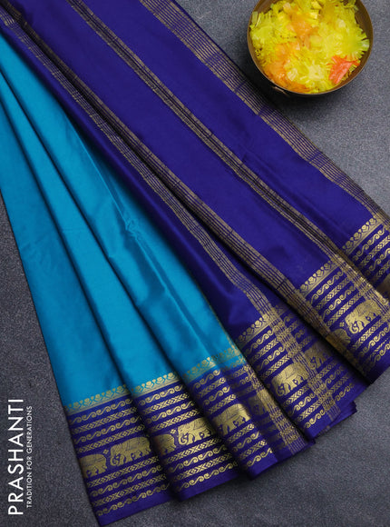 Semi mysore silk saree cs blue and blue with plain body and zari woven border