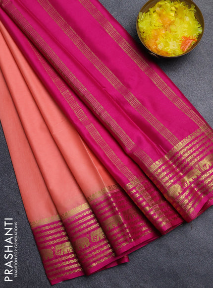 Semi mysore silk saree peach orange and pink with plain body and zari woven border