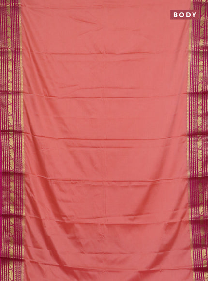 Semi mysore silk saree peach orange and pink with plain body and zari woven border
