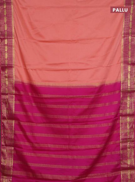 Semi mysore silk saree peach orange and pink with plain body and zari woven border