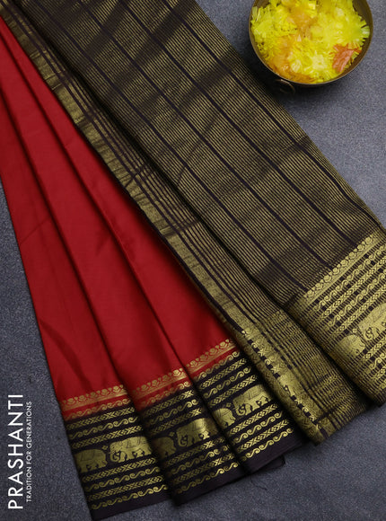 Semi mysore silk saree red and coffee brown with plain body and zari woven border