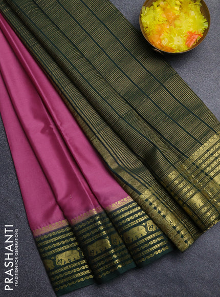 Semi mysore silk saree mauve pink and green with plain body and zari woven border