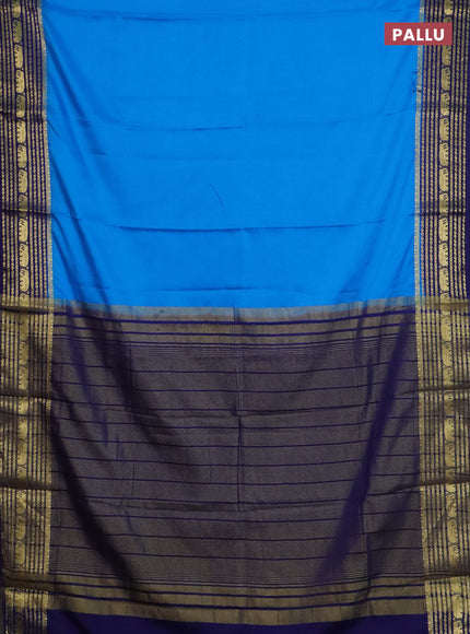 Semi mysore silk saree teal blue and navy blue with plain body and zari woven border