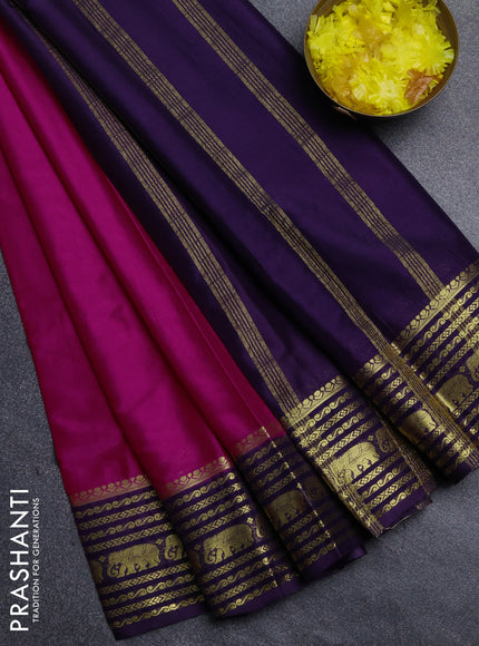 Semi mysore silk saree pink and violet with plain body and zari woven border