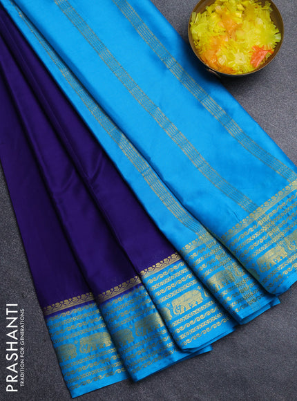 Semi mysore silk saree blue and cs blue with plain body and zari woven border