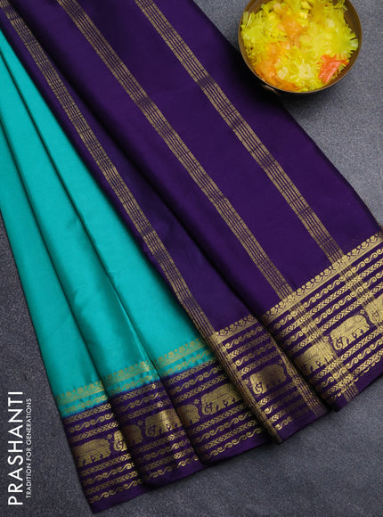 Semi mysore silk saree teal green and violet with plain body and zari woven border