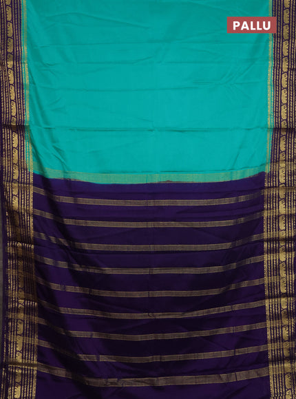 Semi mysore silk saree teal green and violet with plain body and zari woven border