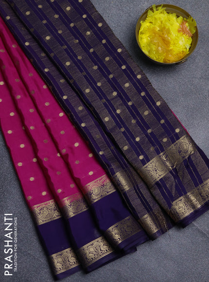 Semi mysore silk saree dark pink and navy blue with allover zari woven buttas and long rettapet zari woven border