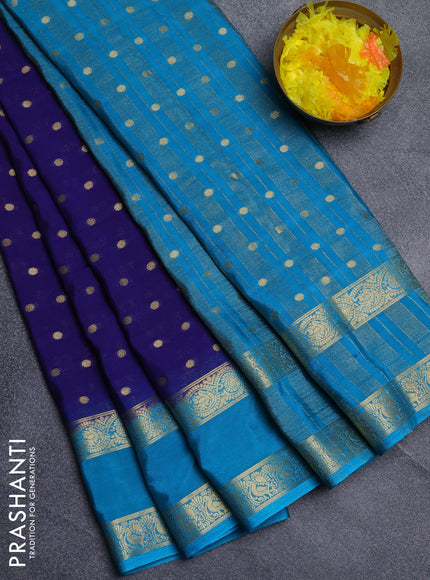 Semi mysore silk saree navy blue and teal blue with allover zari woven buttas and long rettapet zari woven border