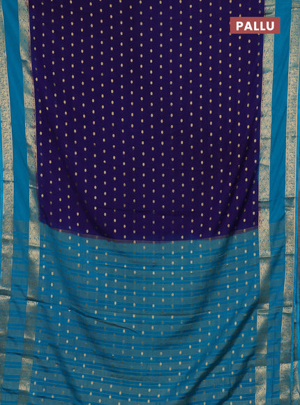Semi mysore silk saree navy blue and teal blue with allover zari woven buttas and long rettapet zari woven border