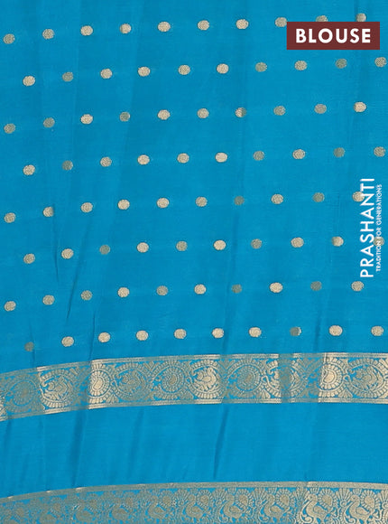 Semi mysore silk saree navy blue and teal blue with allover zari woven buttas and long rettapet zari woven border