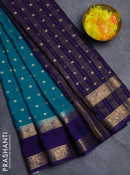 Semi mysore silk saree cs blue and navy blue with allover zari woven buttas and long rettapet zari woven border