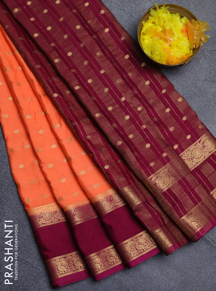 Semi mysore silk saree orange and purple with allover zari woven buttas and long rettapet zari woven border