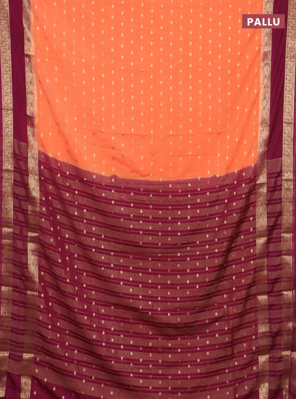 Semi mysore silk saree orange and purple with allover zari woven buttas and long rettapet zari woven border