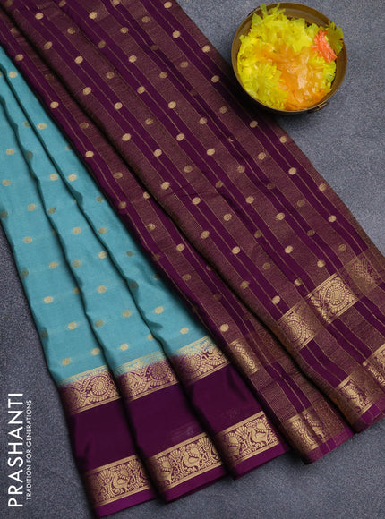 Semi mysore silk saree pastel green and purple with allover zari woven buttas and long rettapet zari woven border
