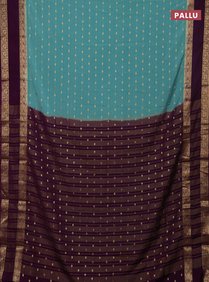 Semi mysore silk saree pastel green and purple with allover zari woven buttas and long rettapet zari woven border