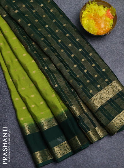 Semi mysore silk saree light green and bottle green with allover zari woven buttas and long rettapet zari woven border