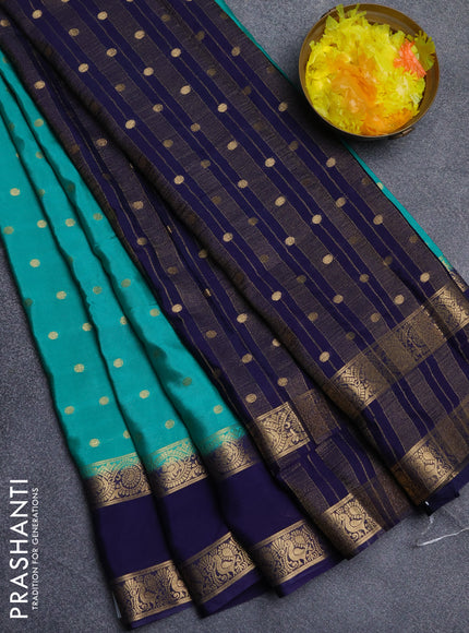 Semi mysore silk saree teal green and navy blue with allover zari woven buttas and long rettapet zari woven border