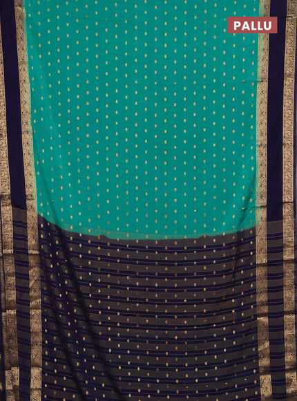 Semi mysore silk saree teal green and navy blue with allover zari woven buttas and long rettapet zari woven border