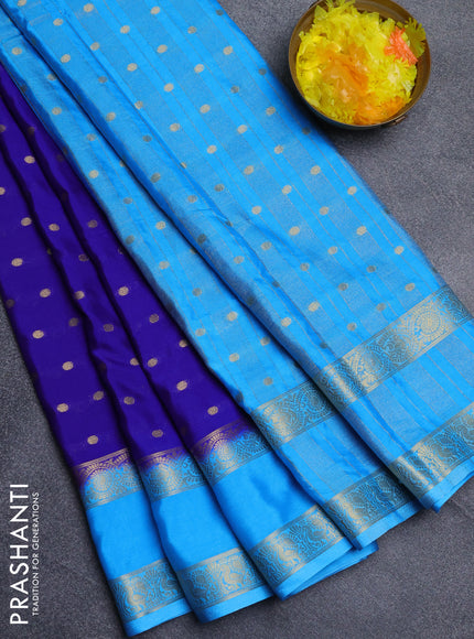 Semi mysore silk saree royal blue and teal blue with allover zari woven buttas and long rettapet zari woven border