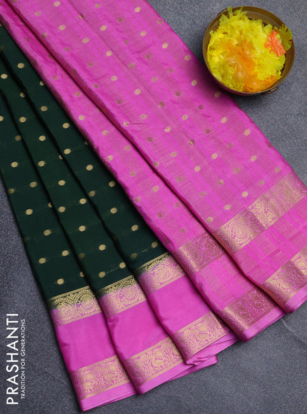 Semi mysore silk saree bottle green and light pink with allover zari woven buttas and long rettapet zari woven border