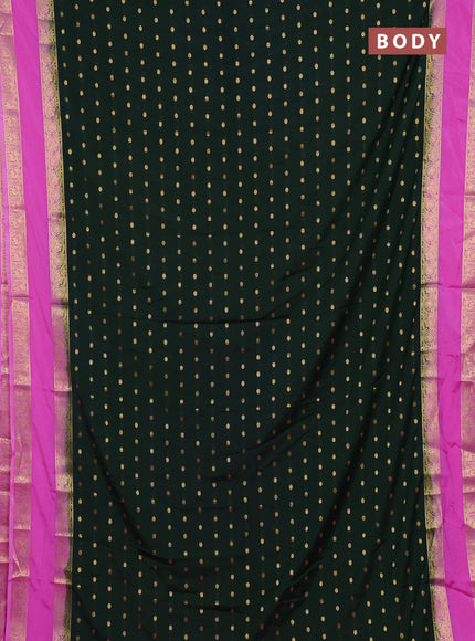 Semi mysore silk saree bottle green and light pink with allover zari woven buttas and long rettapet zari woven border