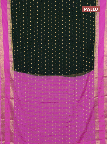 Semi mysore silk saree bottle green and light pink with allover zari woven buttas and long rettapet zari woven border