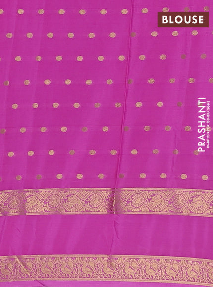Semi mysore silk saree bottle green and light pink with allover zari woven buttas and long rettapet zari woven border