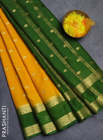 Semi mysore silk saree yellow and green with allover zari woven buttas and rettapet zari woven border
