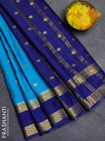 Semi mysore silk saree cs blue and blue with allover zari woven buttas and rettapet zari woven border