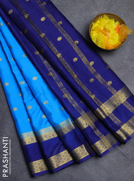 Semi mysore silk saree cs blue and navy blue with allover zari woven buttas and rettapet zari woven border