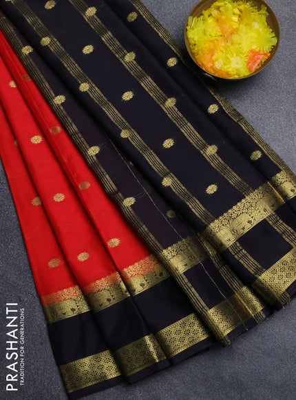 Semi mysore silk saree red and black with allover zari woven buttas and rettapet zari woven border