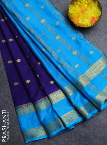 Semi mysore silk saree blue   and teal blue with allover zari woven buttas and rettapet zari woven border