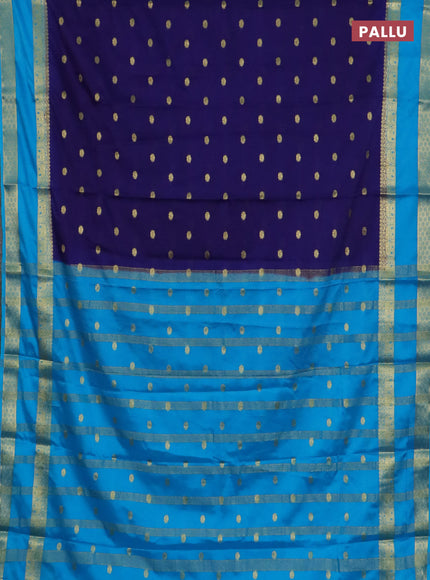 Semi mysore silk saree blue   and teal blue with allover zari woven buttas and rettapet zari woven border