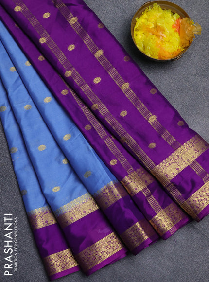 Semi mysore silk saree blue shade and purple with allover zari woven buttas and rettapet zari woven border