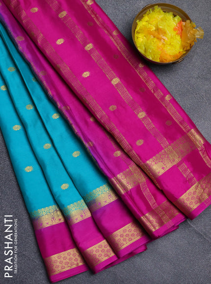 Semi mysore silk saree teal green and pink with allover zari woven buttas and rettapet zari woven border