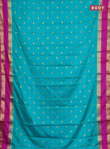 Semi mysore silk saree teal green and pink with allover zari woven buttas and rettapet zari woven border