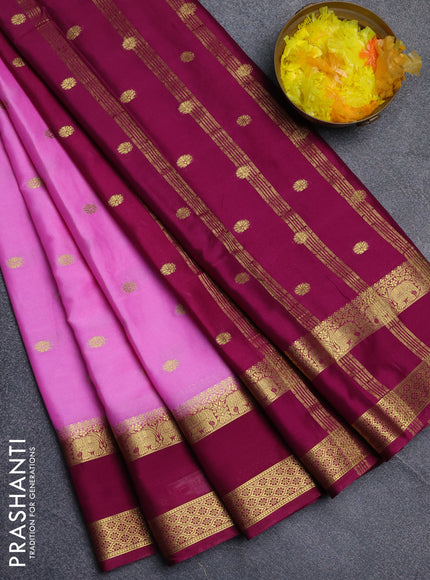 Semi mysore silk saree light pink and purple with allover zari woven buttas and rettapet zari woven border