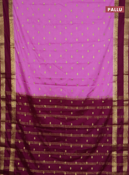 Semi mysore silk saree light pink and purple with allover zari woven buttas and rettapet zari woven border