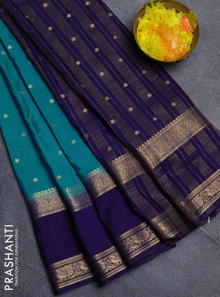 Semi mysore silk saree teal blue and navy blue with allover zari woven buttas and long rettapet zari woven border