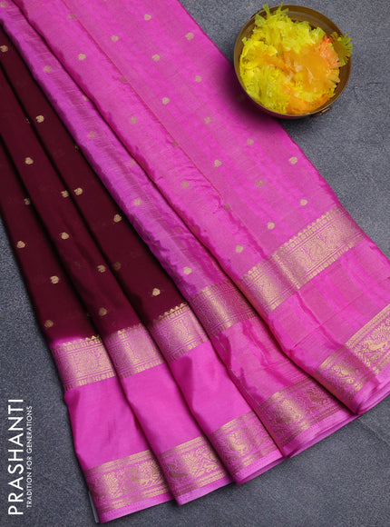 Semi mysore silk saree wine shade and light pink with allover zari woven buttas and long rettapet zari woven border