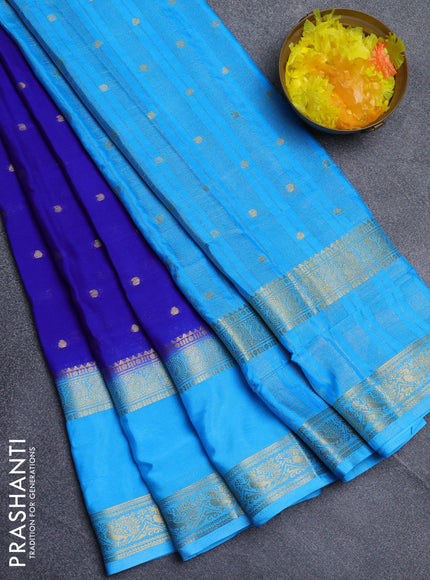 Semi mysore silk saree royal blue and cs blue with allover zari woven buttas and long rettapet zari woven border