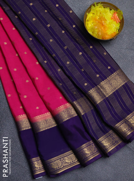 Semi mysore silk saree dark pink and navy blue with allover zari woven buttas and long rettapet zari woven border