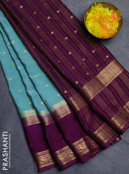 Semi mysore silk saree pastel green and wine shade with allover zari woven buttas and long rettapet zari woven border