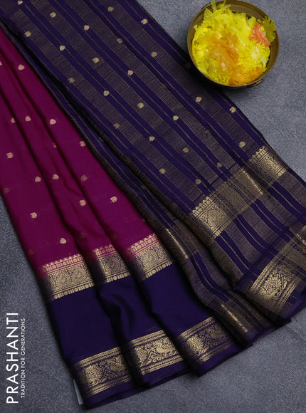 Semi mysore silk saree purple and navy blue with allover zari woven buttas and long rettapet zari woven border