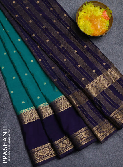Semi mysore silk saree teal green and navy blue with allover zari woven buttas and long rettapet zari woven border