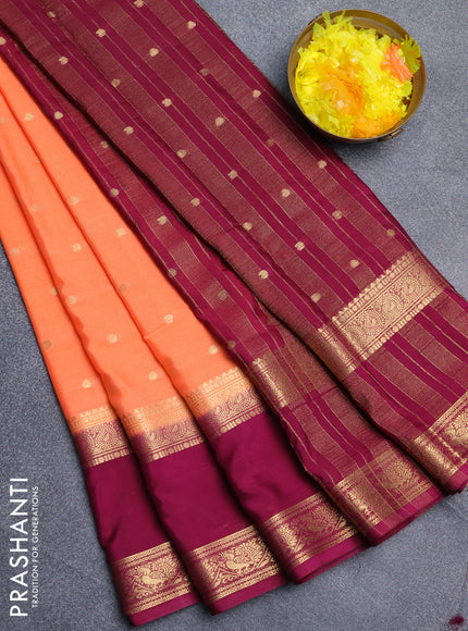 Semi mysore silk saree peach orange and wine shade with allover zari woven buttas and long rettapet zari woven border