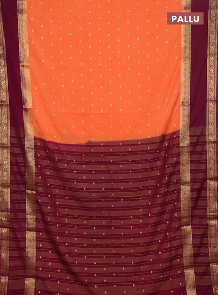 Semi mysore silk saree peach orange and wine shade with allover zari woven buttas and long rettapet zari woven border