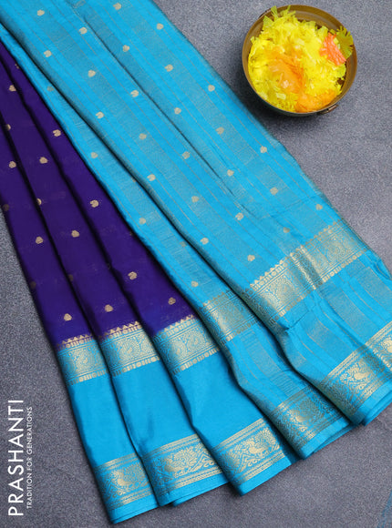 Semi mysore silk saree violet and teal blue with allover zari woven buttas and long rettapet zari woven border